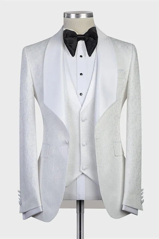 Bespoke Three-pieces White Jacquard Shawl Lapel Wedding Tuxedo
