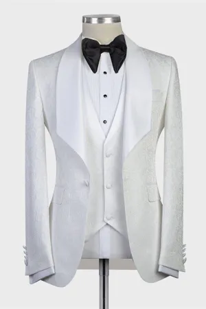 Bespoke Three-pieces White Jacquard Shawl Lapel Wedding Tuxedo