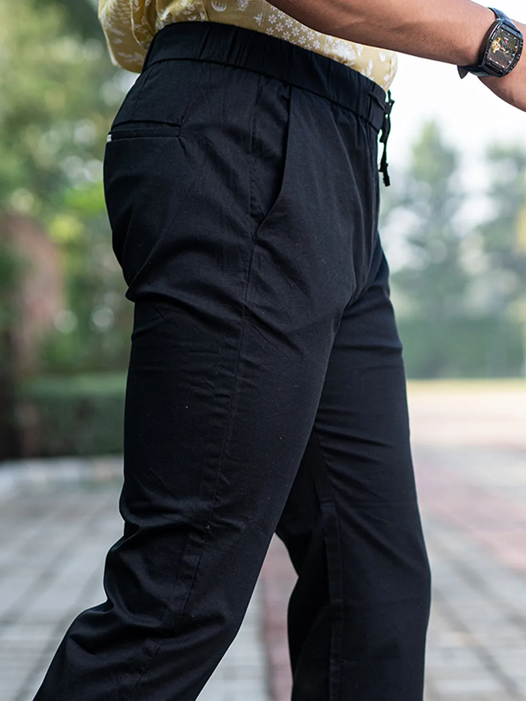 Black Linen Lycra Comfort Fit Mens Trouser
