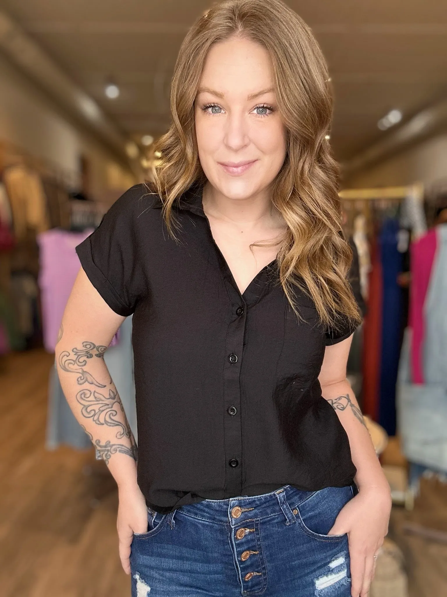 Black Tab Sleeve Buttoned Blouse