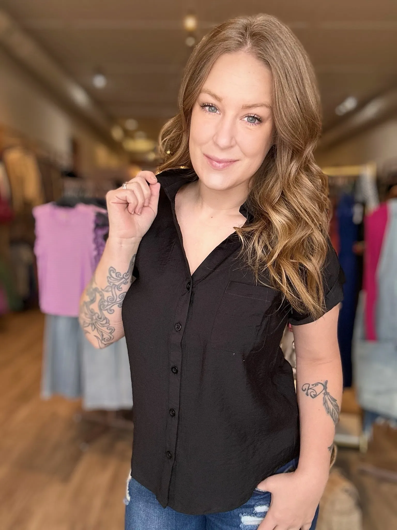 Black Tab Sleeve Buttoned Blouse