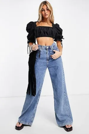 Cropped Puff Sleeve Top In Black