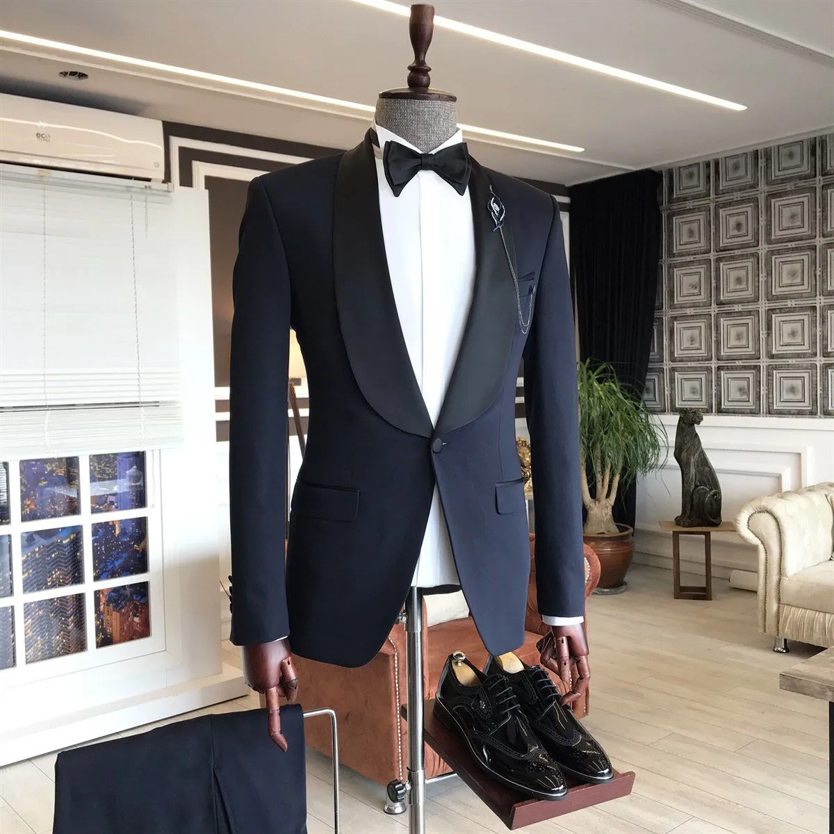 Custom design Shawl lapel 3-pieces Navy Blue Slim Fit One Button Wedding Men Suits