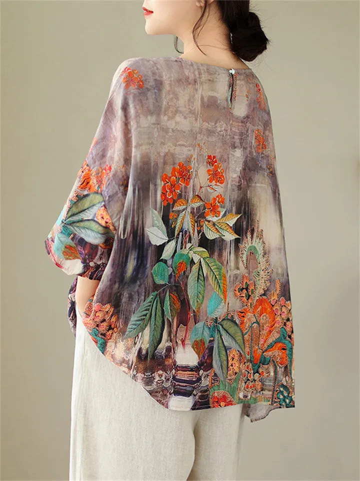Female Ethnic Style Plants Flowers Print T-shirts