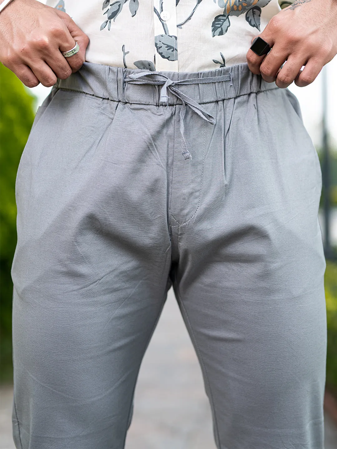 Grey Linen Lycra Comfort Fit Mens Trouser