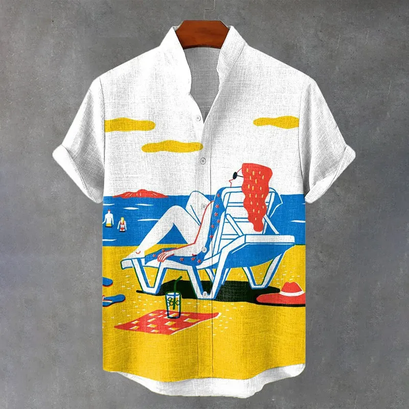 Hawaiian Graffiti Style Beach And Beauty Printing Slub Linen Fabric Shirts