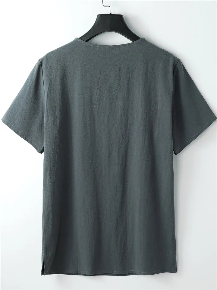 Laid-Back Style Notched Neck Button Detailing Soft Cotton Set T-Shirt   Drawstring Pants