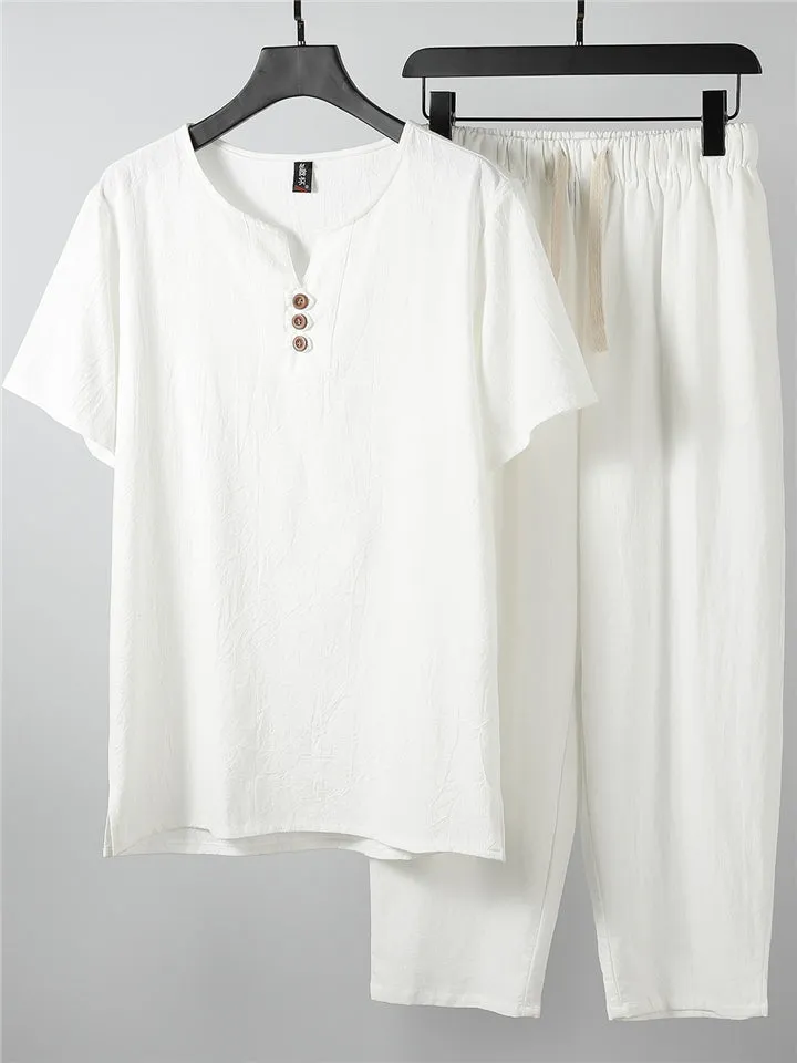 Laid-Back Style Notched Neck Button Detailing Soft Cotton Set T-Shirt   Drawstring Pants