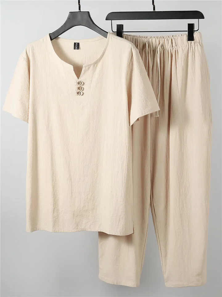 Laid-Back Style Notched Neck Button Detailing Soft Cotton Set T-Shirt   Drawstring Pants