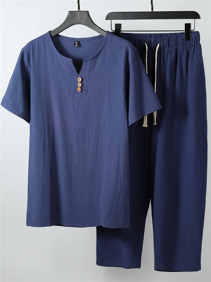 Laid-Back Style Notched Neck Button Detailing Soft Cotton Set T-Shirt   Drawstring Pants