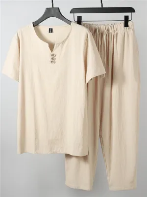 Laid-Back Style Notched Neck Button Detailing Soft Cotton Set T-Shirt   Drawstring Pants