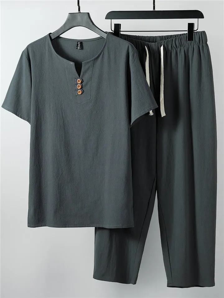Laid-Back Style Notched Neck Button Detailing Soft Cotton Set T-Shirt   Drawstring Pants