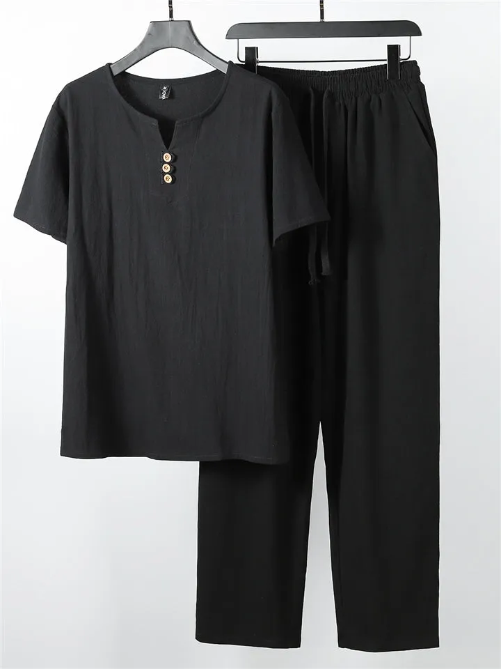 Laid-Back Style Notched Neck Button Detailing Soft Cotton Set T-Shirt   Drawstring Pants