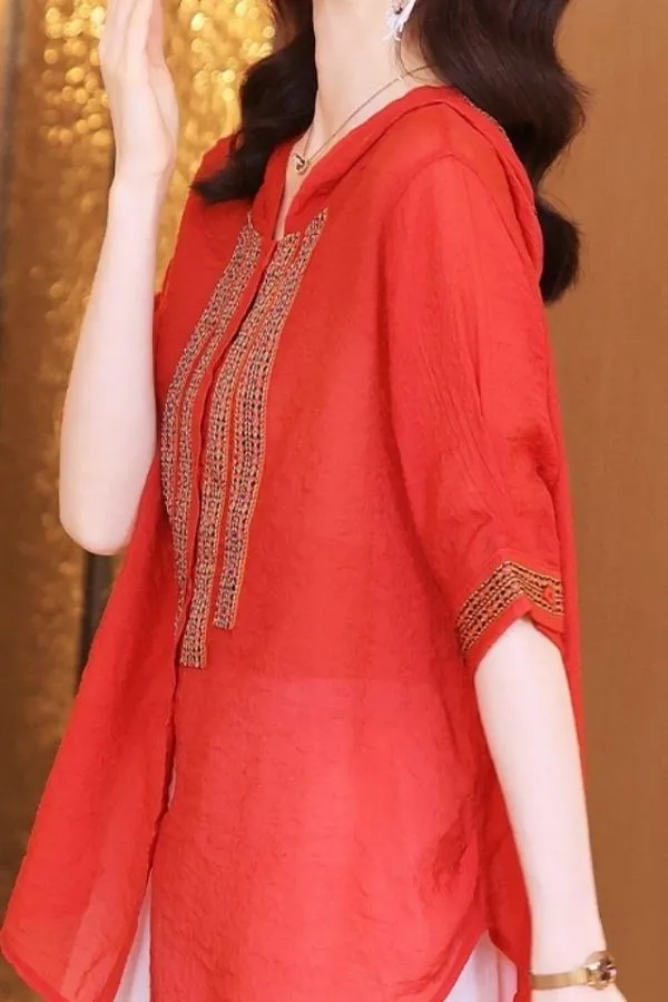 Linen Embroidery Half Sleeve Blouse with Hood