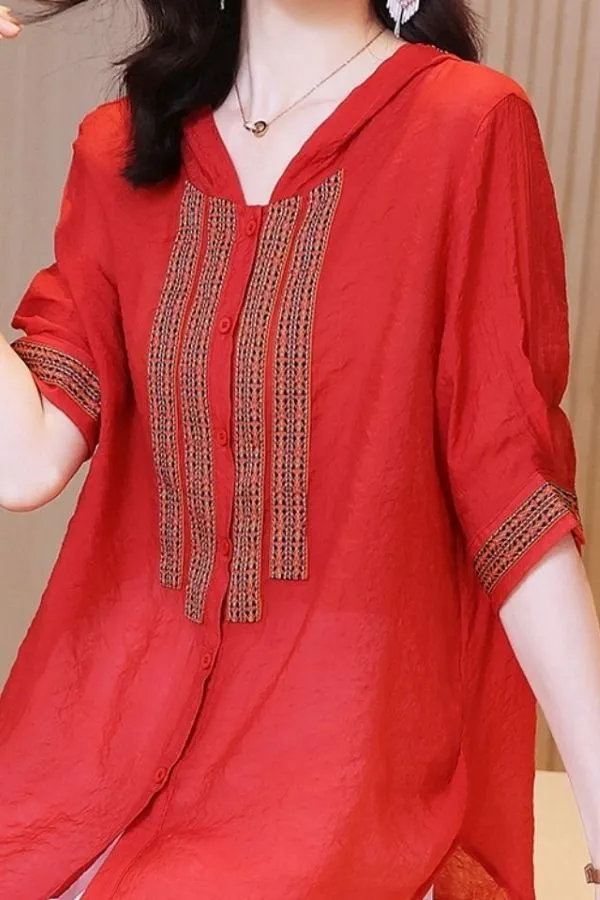 Linen Embroidery Half Sleeve Blouse with Hood