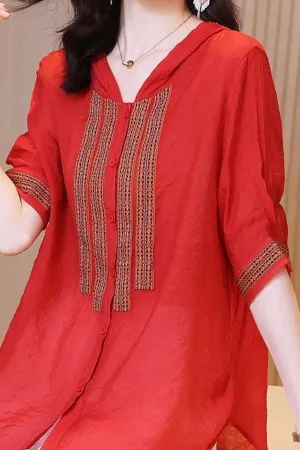 Linen Embroidery Half Sleeve Blouse with Hood