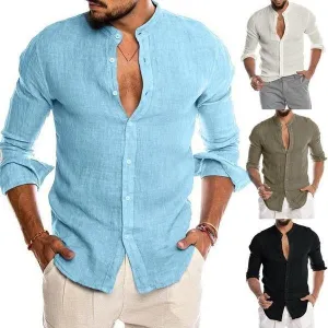 Men's Casual Shirts Solid Color Linen Long Sleeve Stand Collar Cardigan Shirt | 418