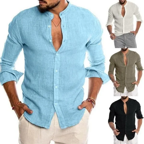 Men's Casual Shirts Solid Color Linen Long Sleeve Stand Collar Cardigan Shirt | 418