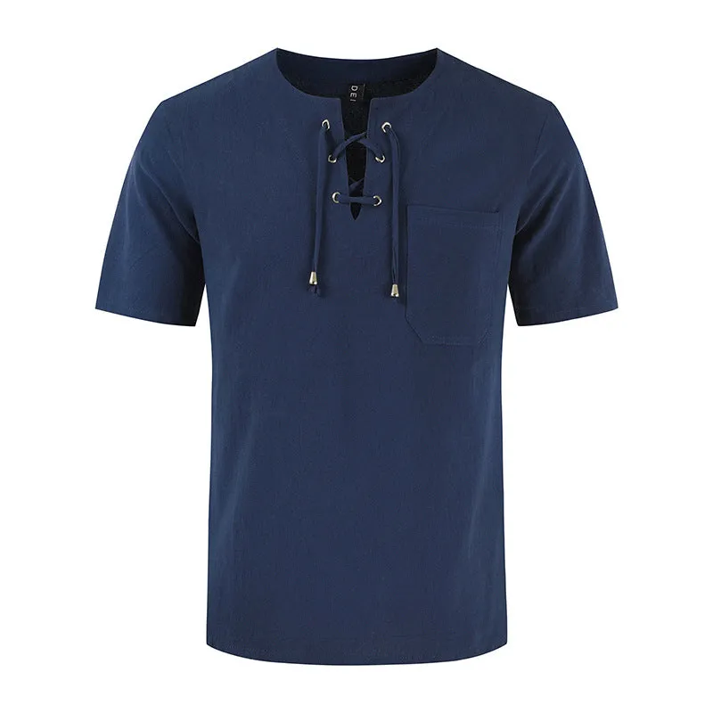 Men'S Cotton And Linen Fashion Solid Color Sports Short-Sleeved T-Shirt