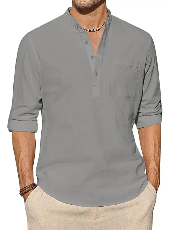 Men's Cotton Linen Button Henley Shirts with Pocket