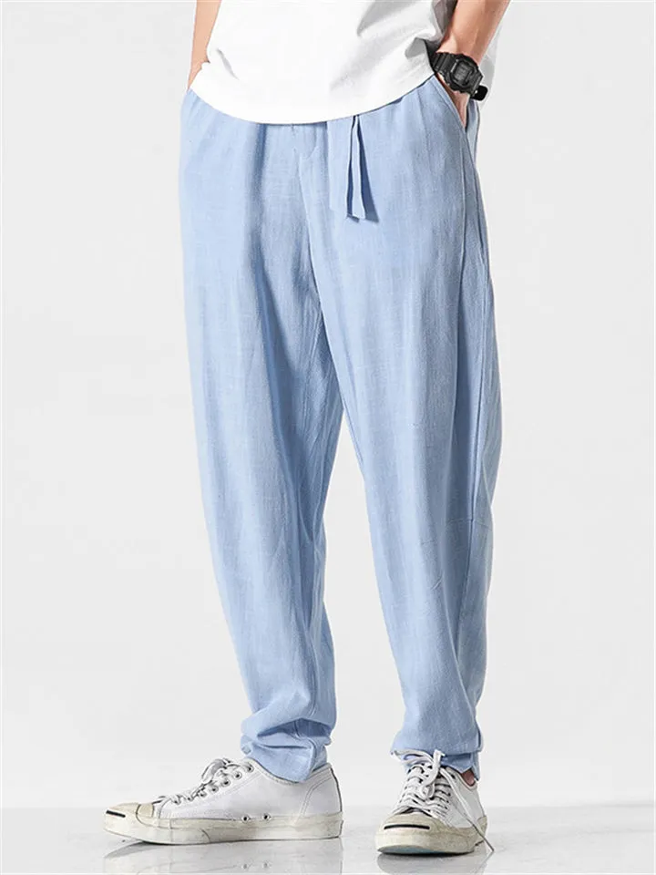 Men's Solid Color Linen Pants With Pockets