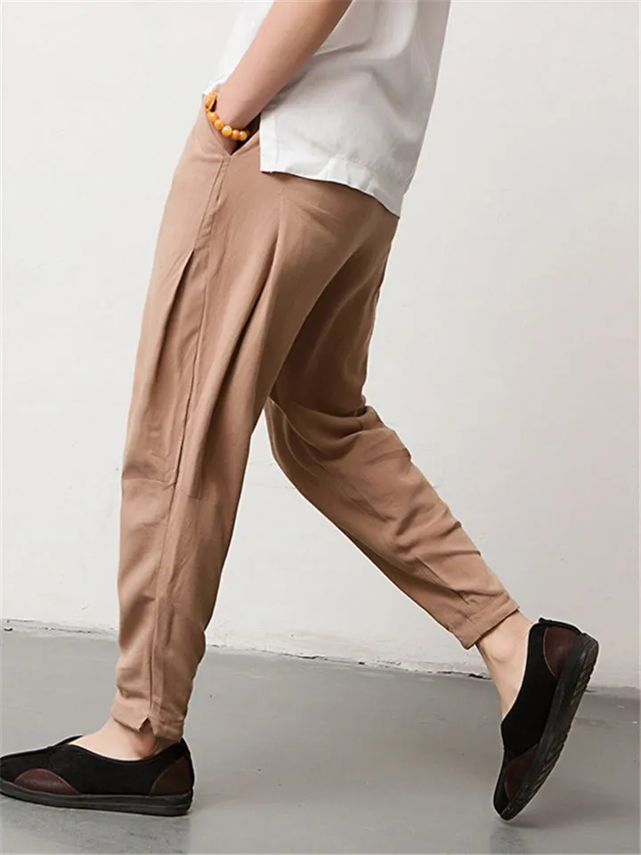 Men's Solid Color Linen Pants With Pockets