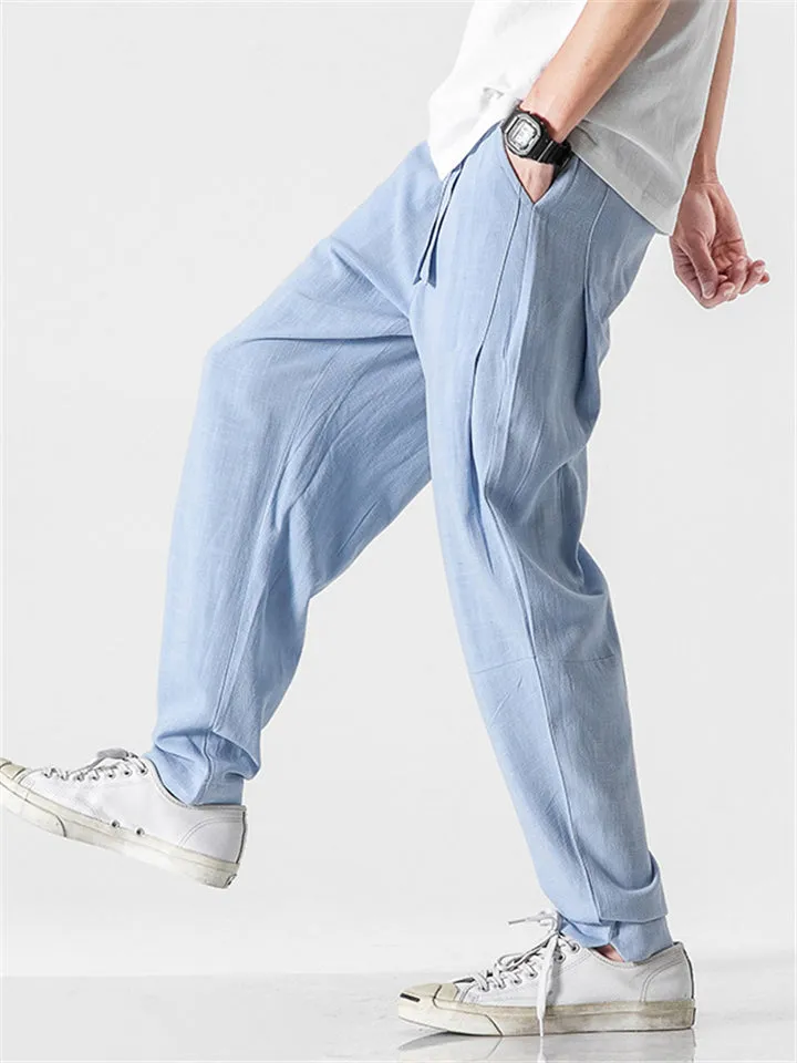 Men's Solid Color Linen Pants With Pockets