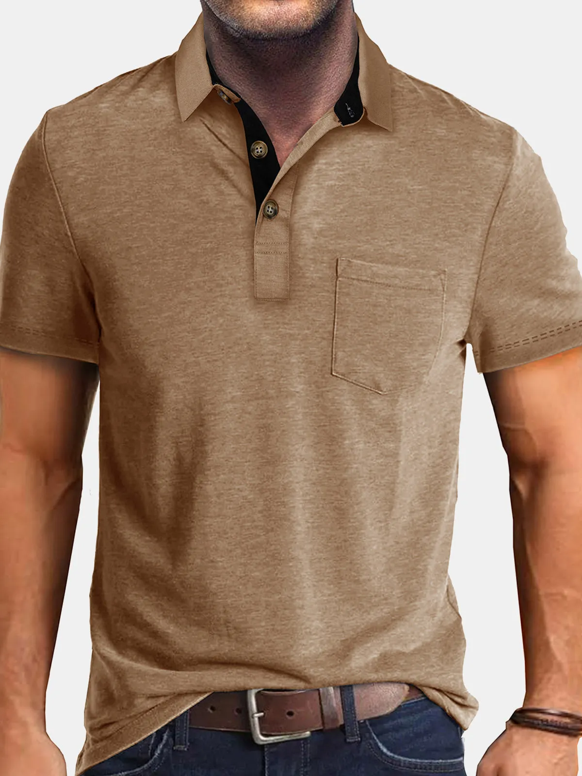 Men's Summer Casual Breathable Pocket Solid Color Short Sleeve Polo Shirt