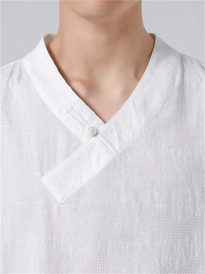 Men's Summer V Neck Short Sleeve Regular Fit Linen Shirt