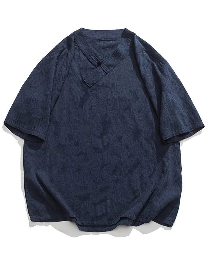 Men's Summer V Neck Short Sleeve Regular Fit Linen Shirt