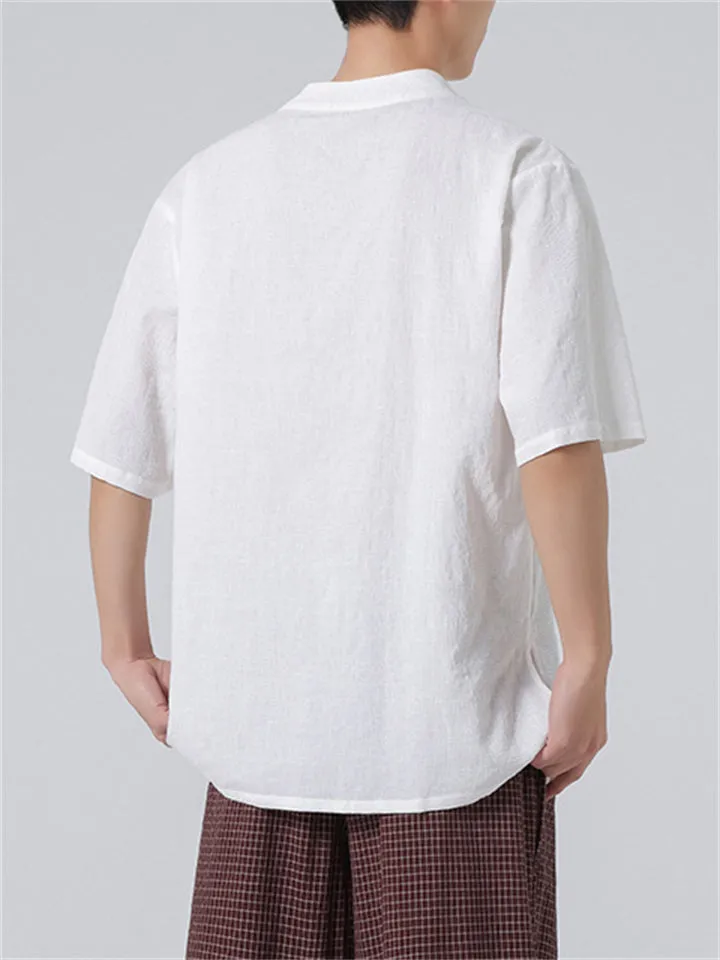 Men's Summer V Neck Short Sleeve Regular Fit Linen Shirt