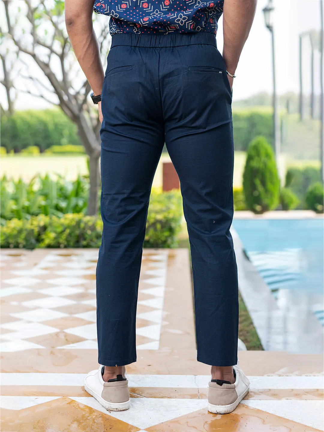 Navy Blue Linen Lycra Comfort Fit Mens Trouser