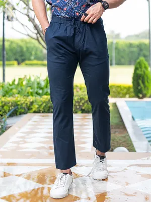 Navy Blue Linen Lycra Comfort Fit Mens Trouser