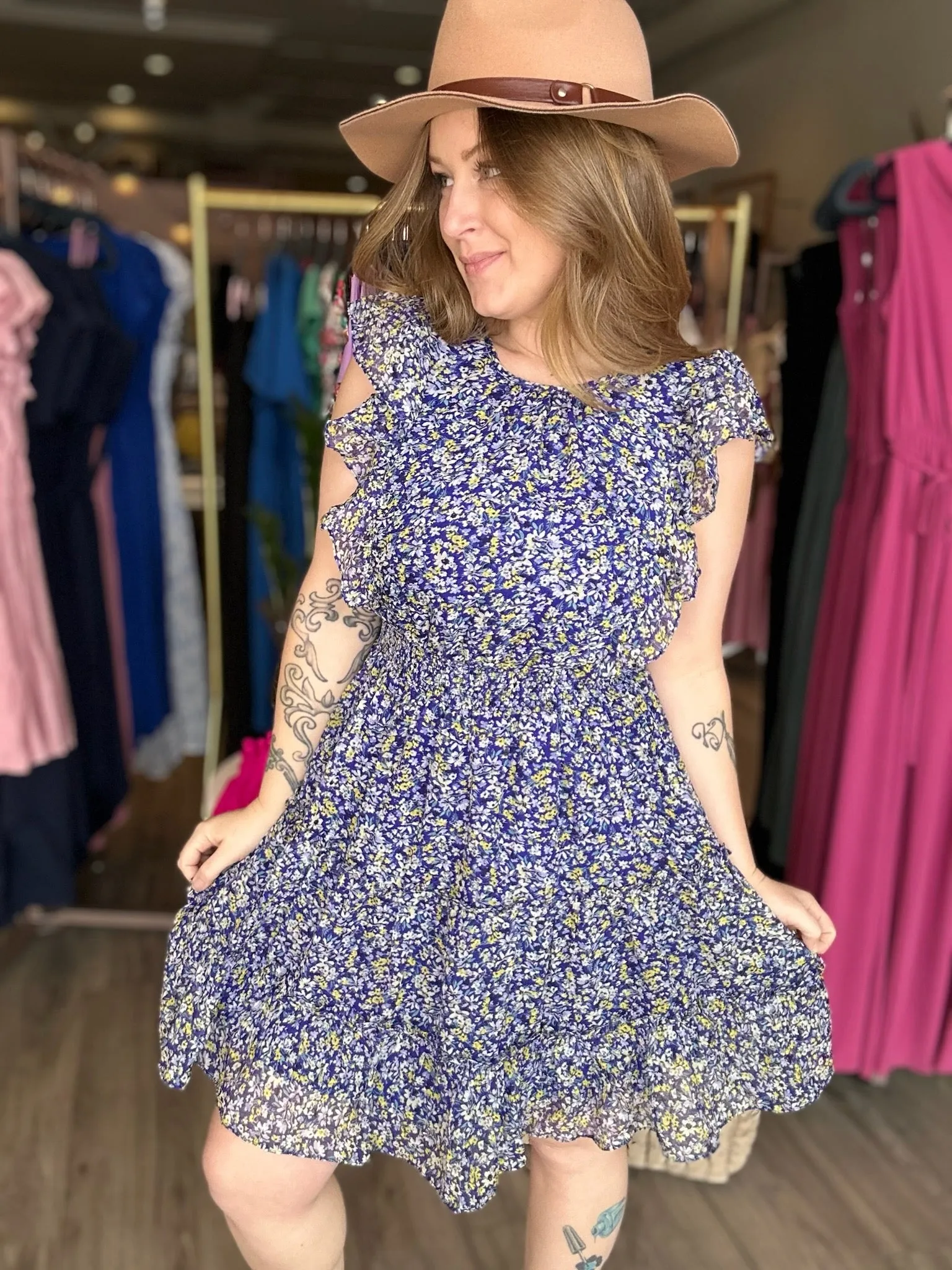 Navy Floral Chiffon Mini Dress