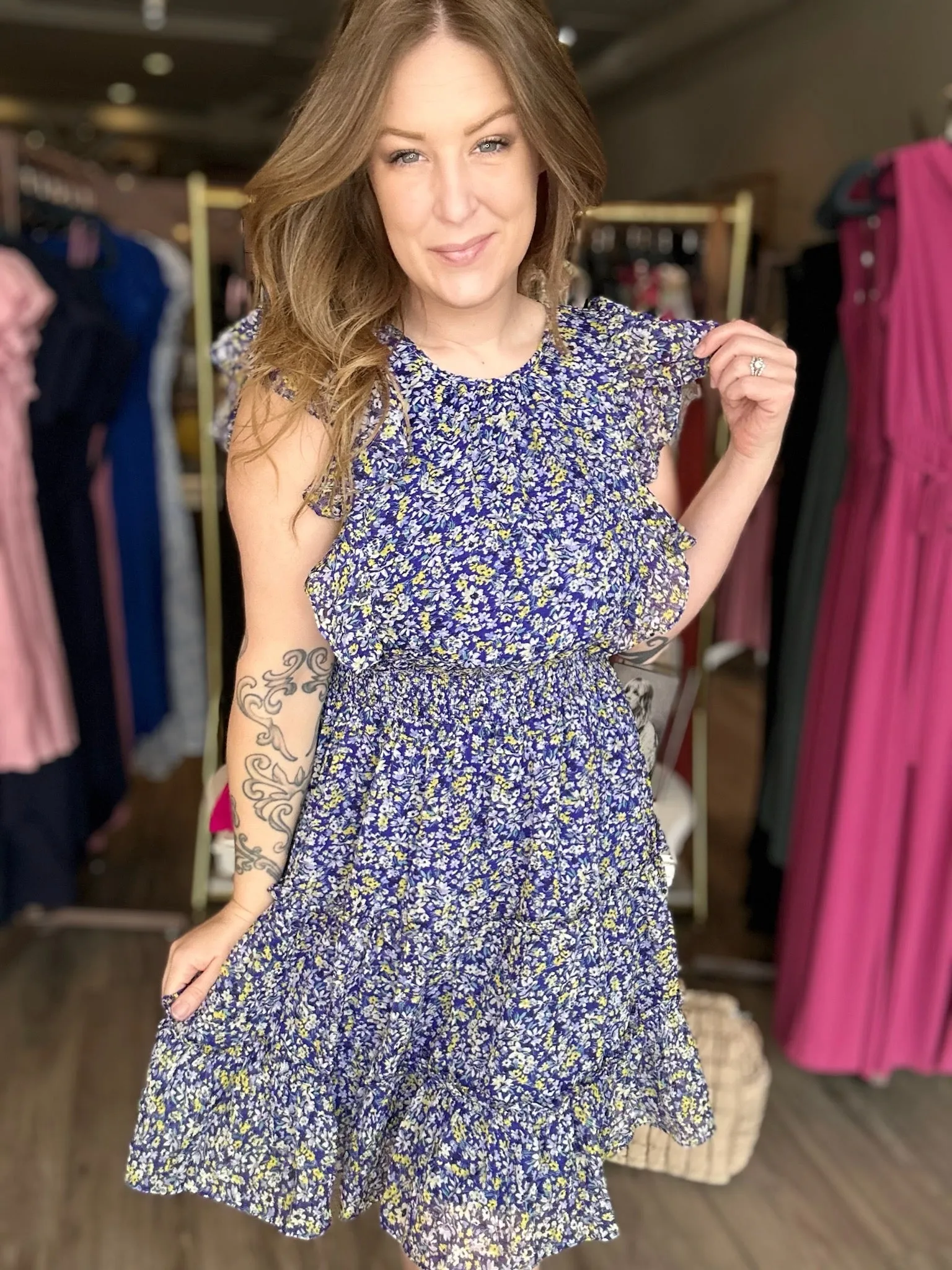 Navy Floral Chiffon Mini Dress