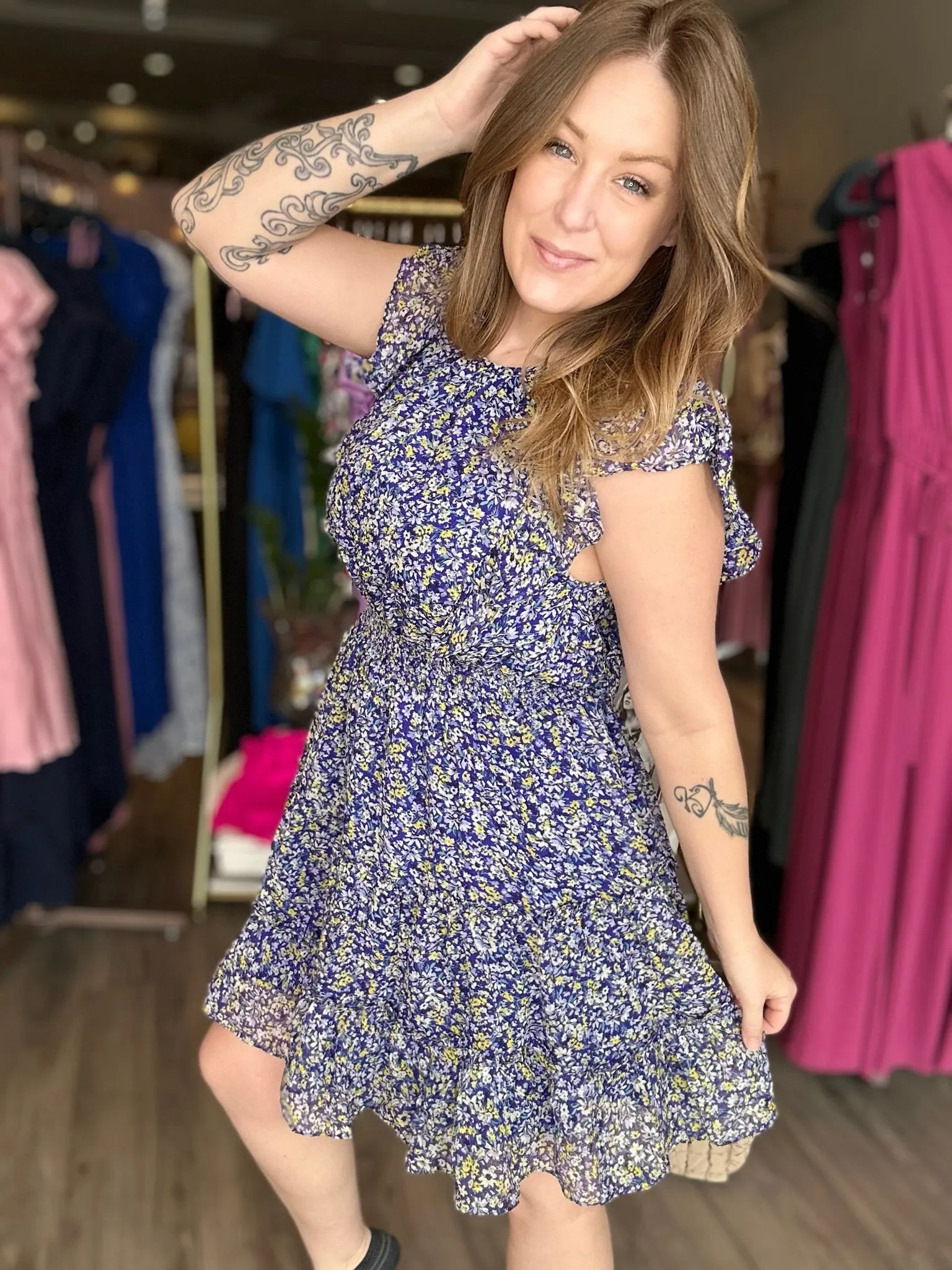 Navy Floral Chiffon Mini Dress