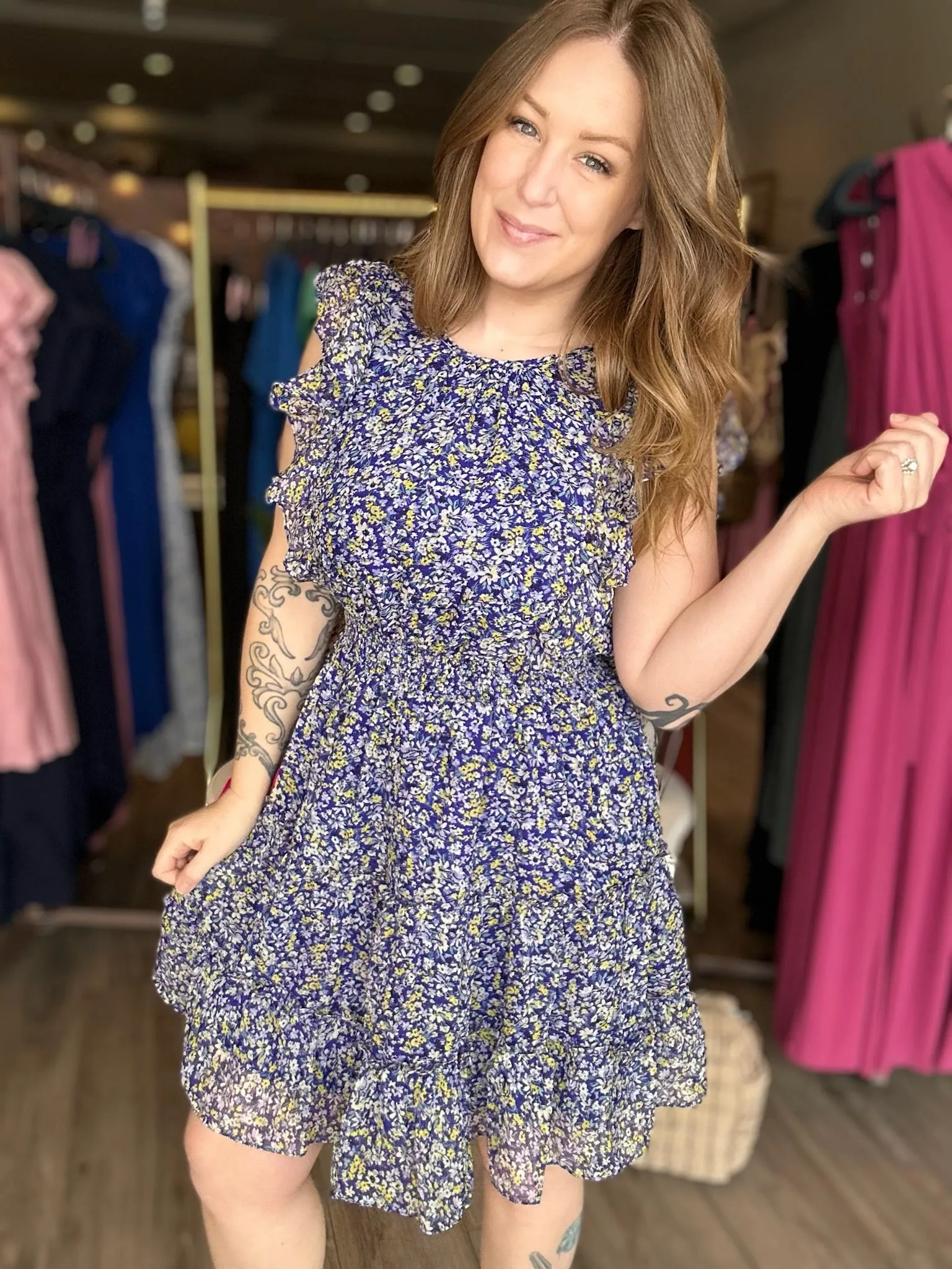 Navy Floral Chiffon Mini Dress