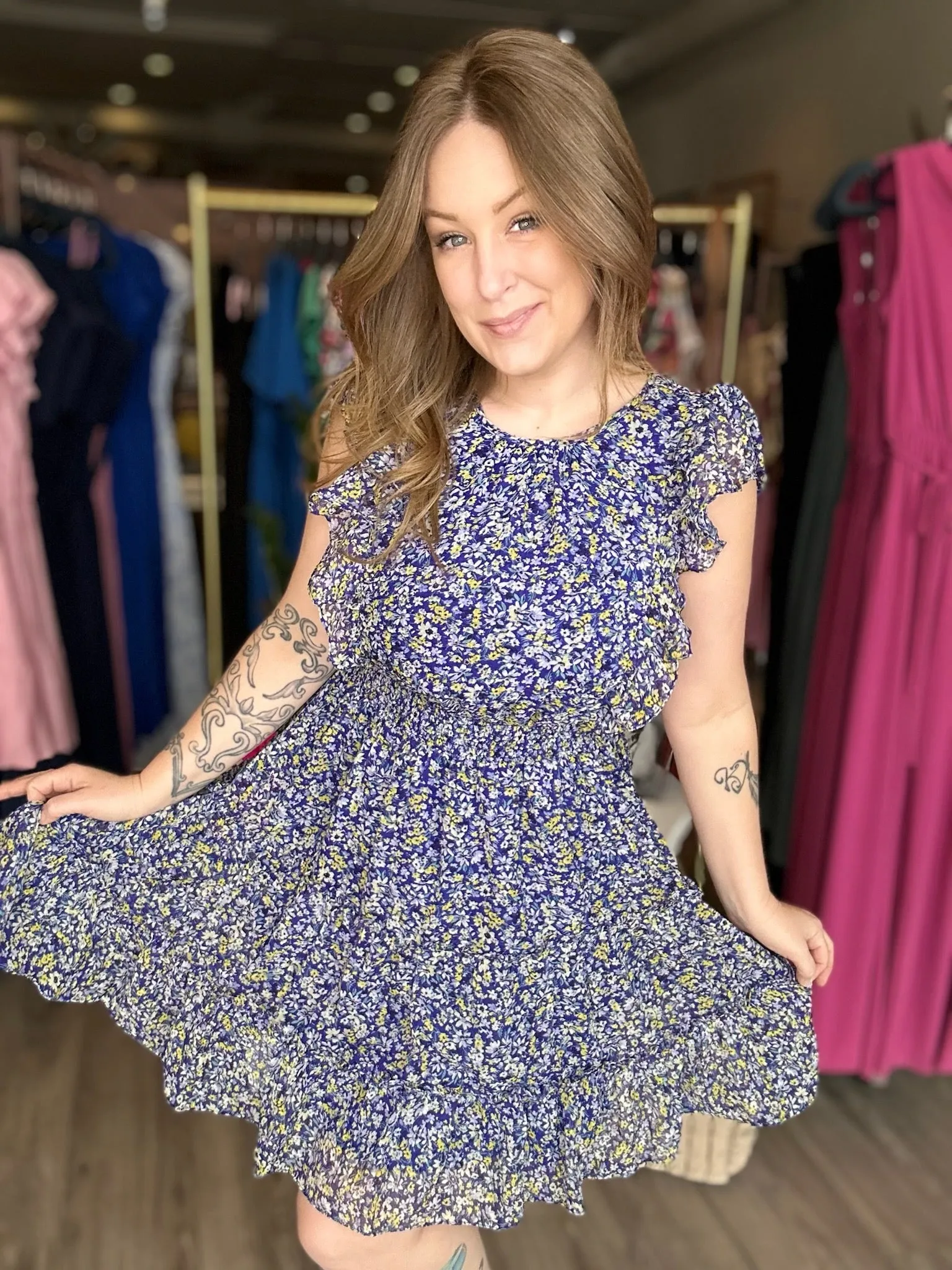 Navy Floral Chiffon Mini Dress