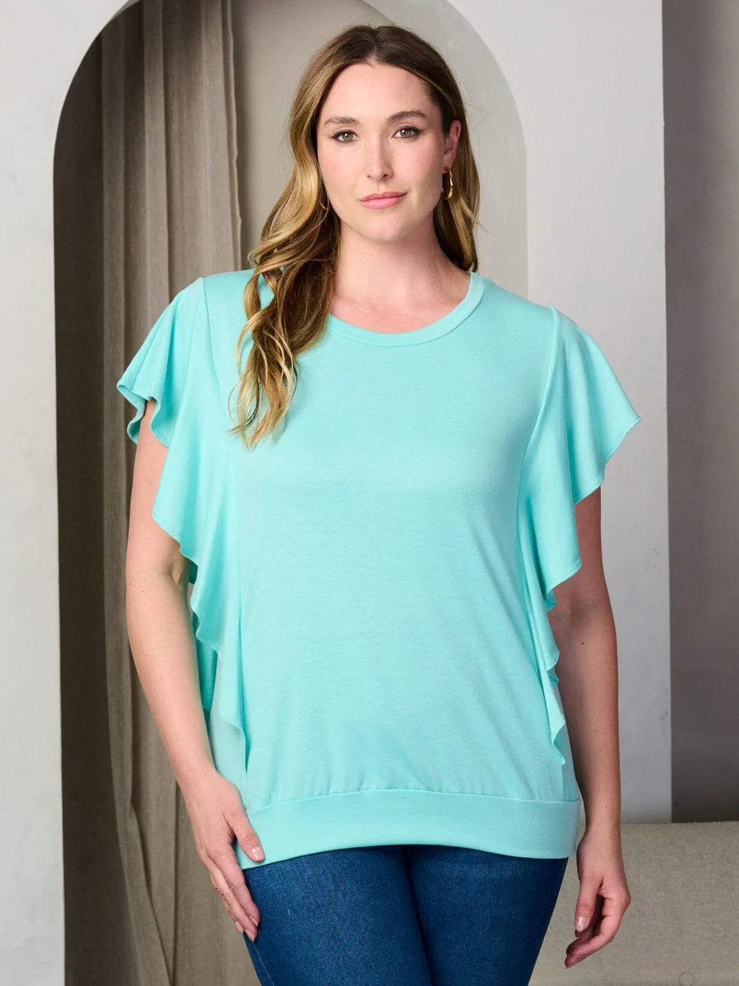 PLUS SIZE SHORT SLEEVE RUFFLE TUNIC TOP