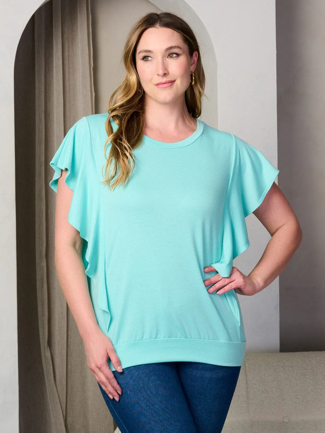 PLUS SIZE SHORT SLEEVE RUFFLE TUNIC TOP