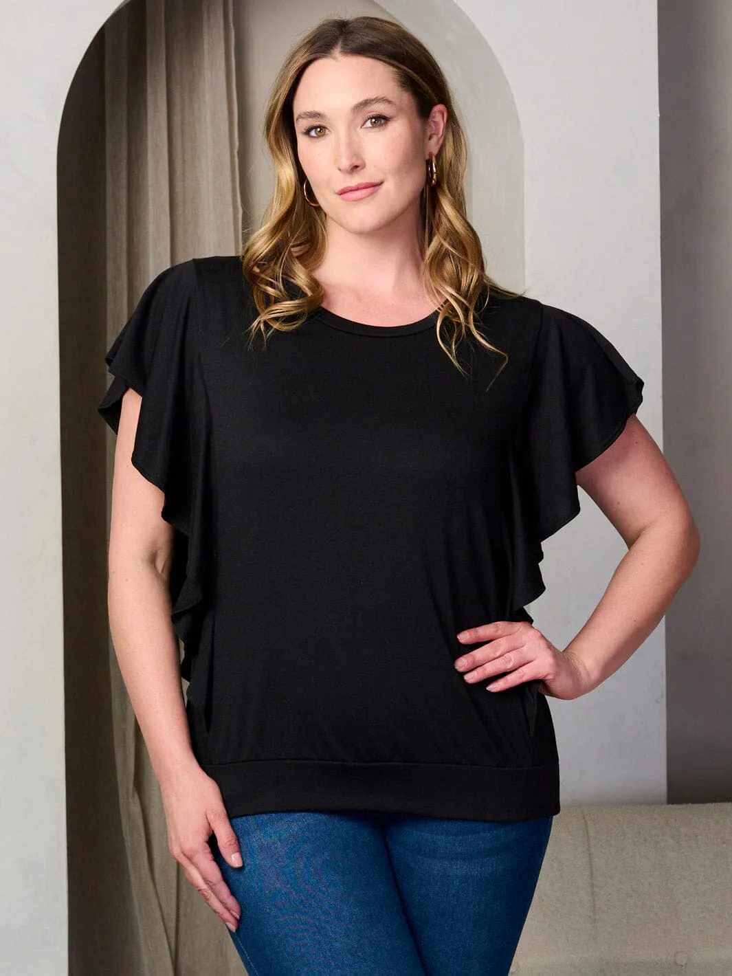 PLUS SIZE SHORT SLEEVE RUFFLE TUNIC TOP