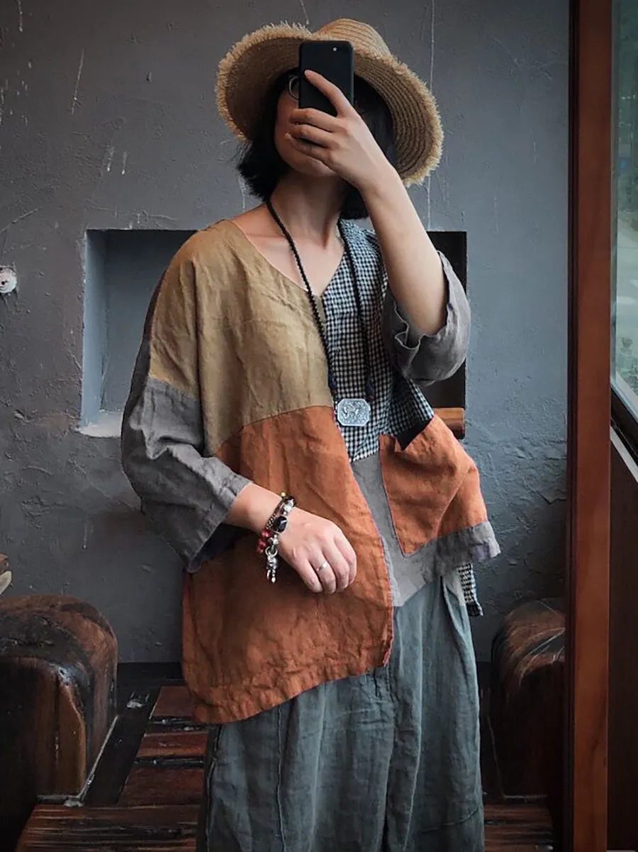 Plus Size Women Linen Retro Patch Spliced Pocket Irregular Loose Shirt