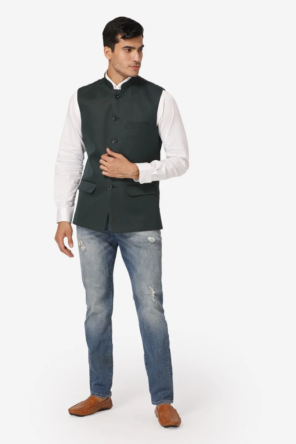 Polyester Cotton Green Modi Nehru Jacket