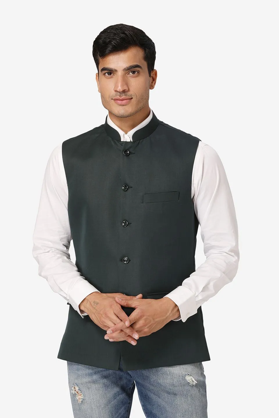 Polyester Cotton Green Modi Nehru Jacket