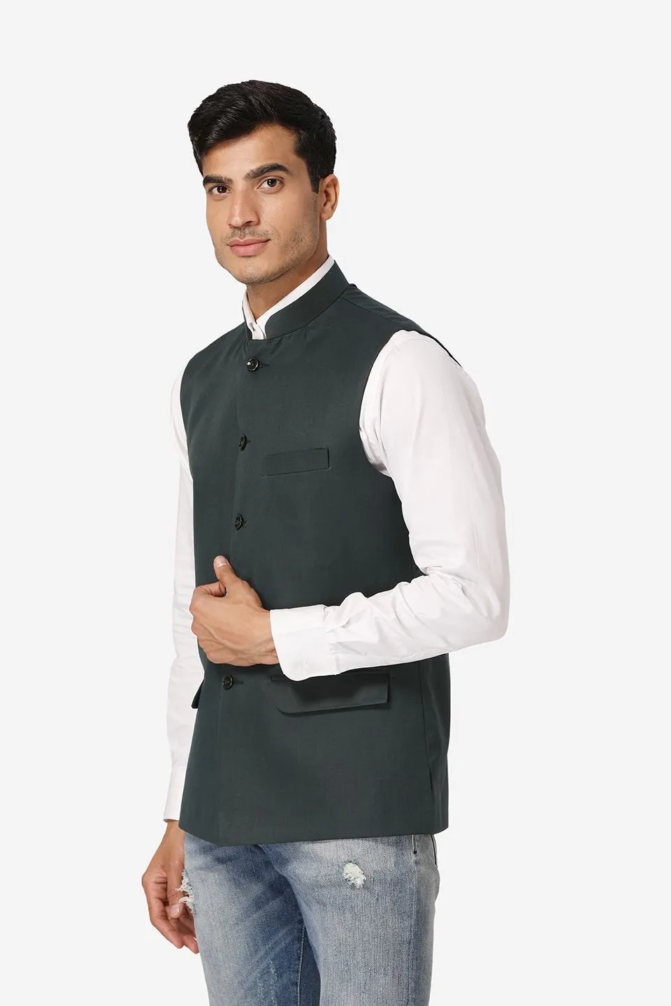 Polyester Cotton Green Modi Nehru Jacket