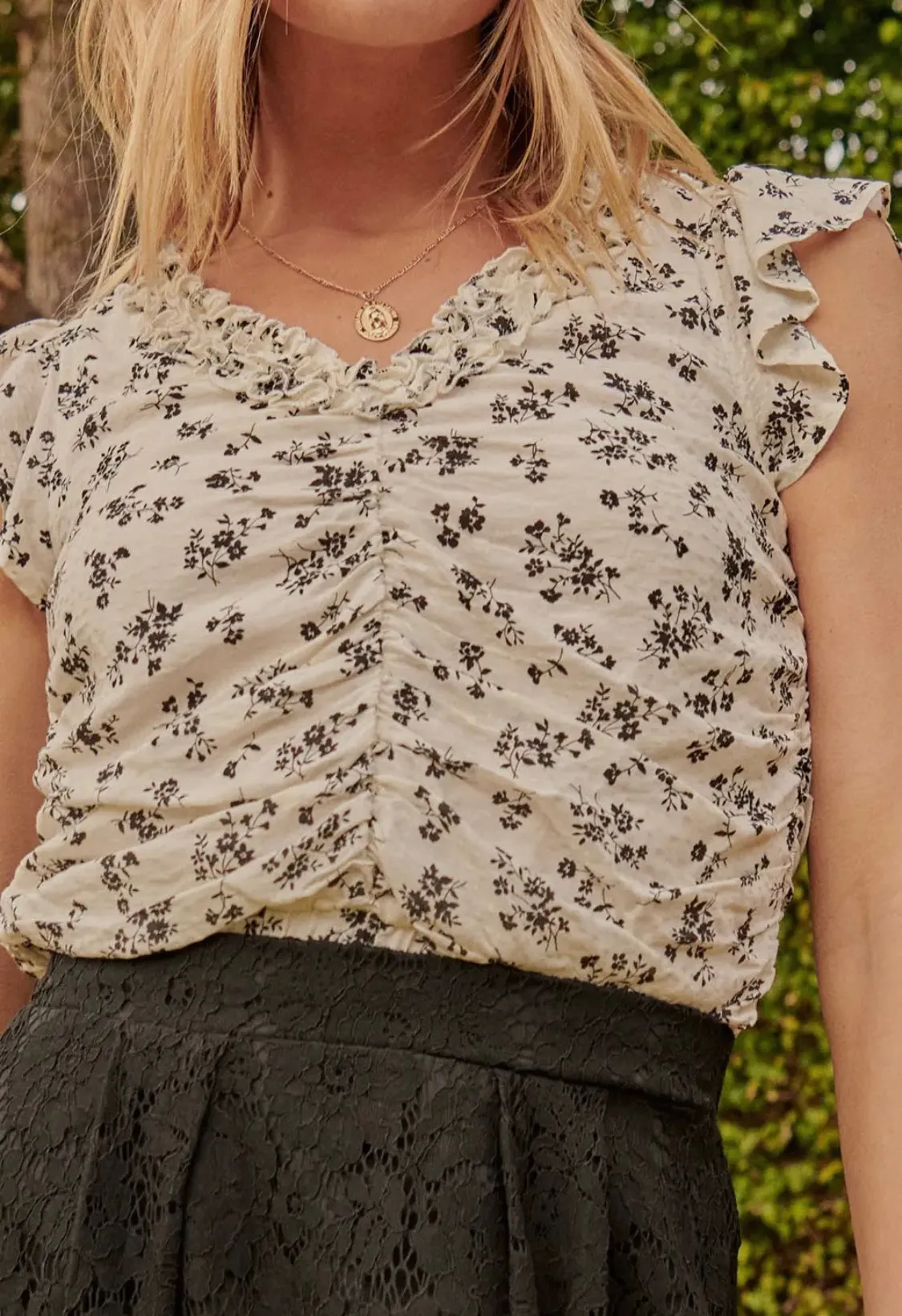 Ruched Floral Flutter Sleeve Top