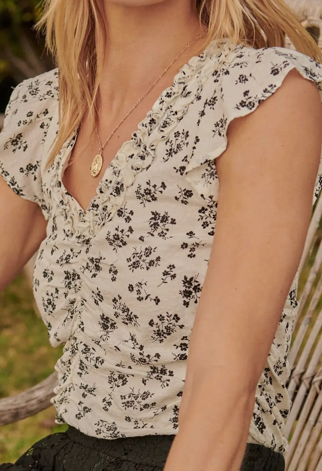 Ruched Floral Flutter Sleeve Top