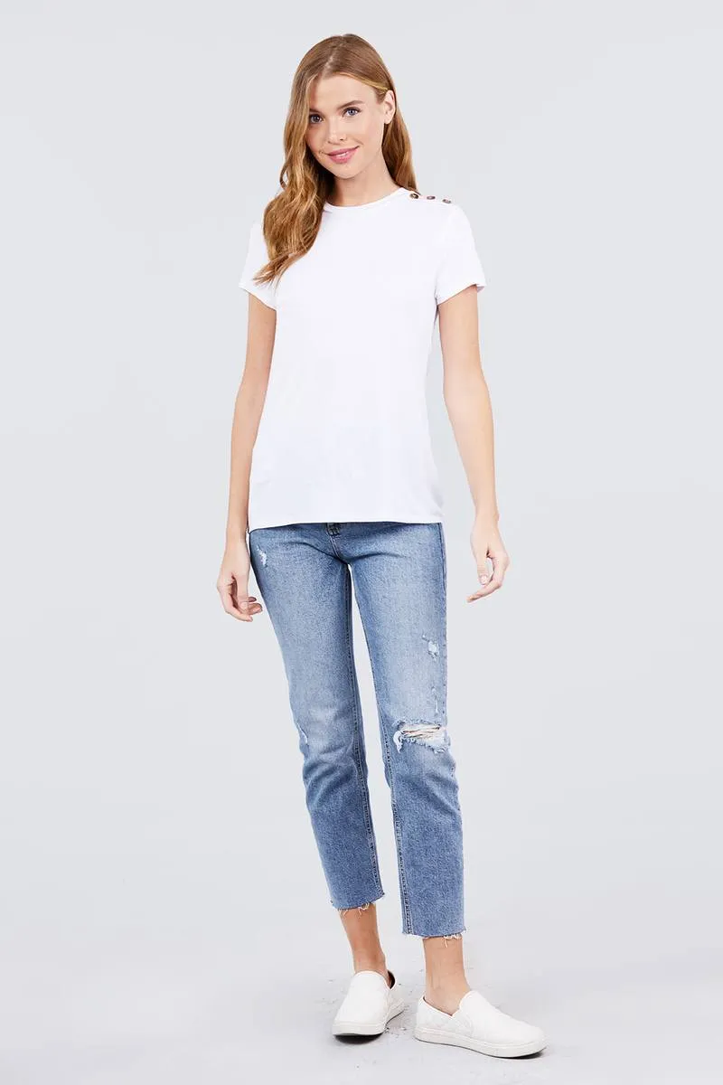 Short Sleeve Crew Neck W/shoulder Button Detail Rayon Spandex Top