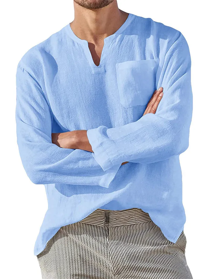 Stylish Comfort Relaxed V Neck Men's Linen Shirt