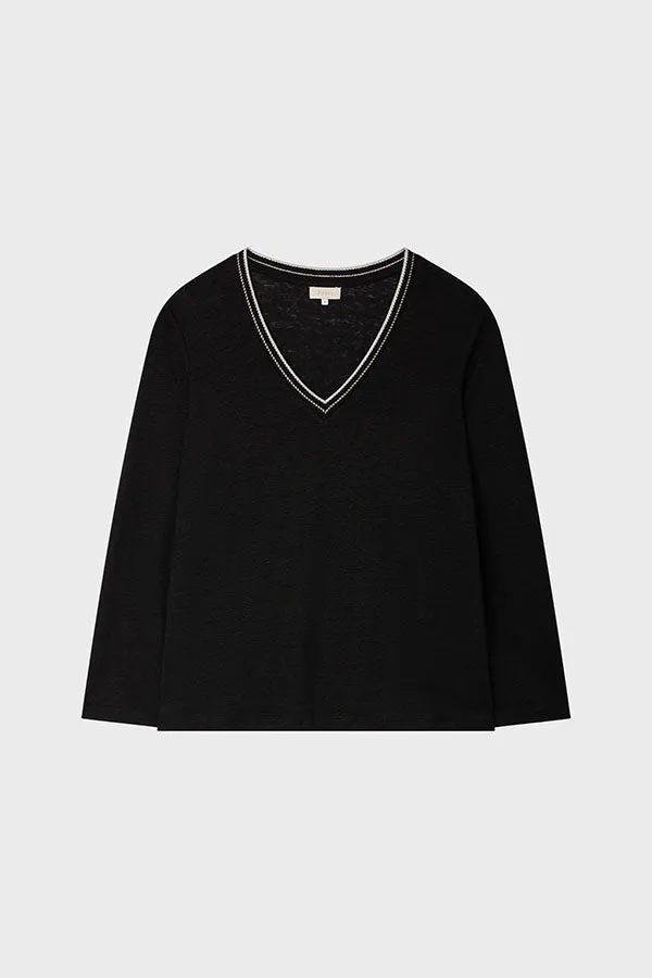 TACHA BLACK LUREX V-NECK LINEN T-SHIRT